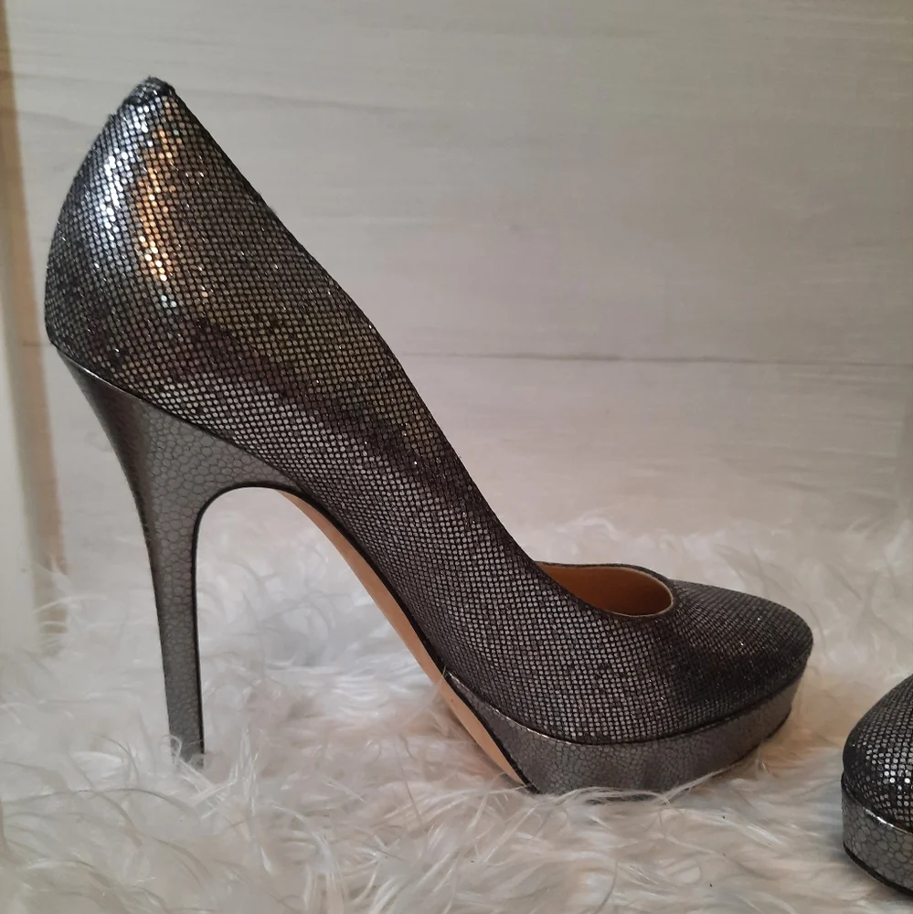 Jimmy Choo Silver black shimmer Platform heels sz 38.5 8.5 Italy - Picture 2 of 11